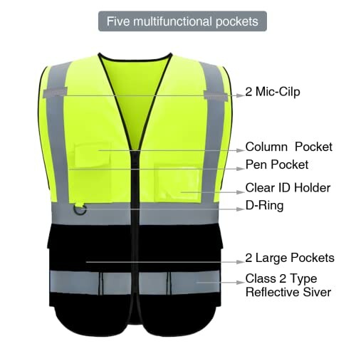 High visibility safety vest with multiple pockets and reflective strips