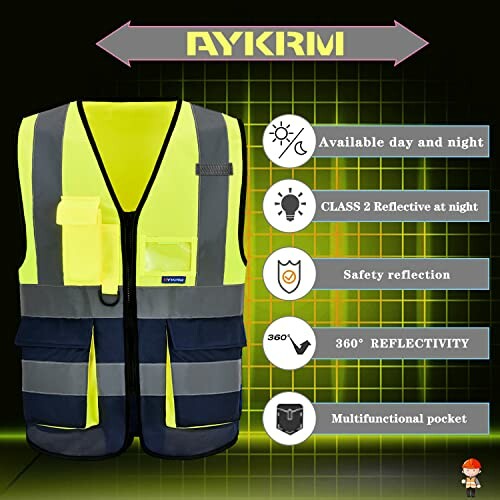 Reflective safety vest with multiple features highlighted