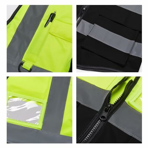 Close-up of a safety vest with pockets and zippers