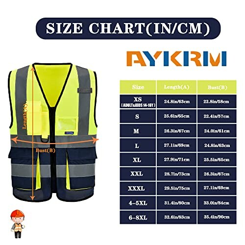 Size chart for safety vest in inches and centimeters