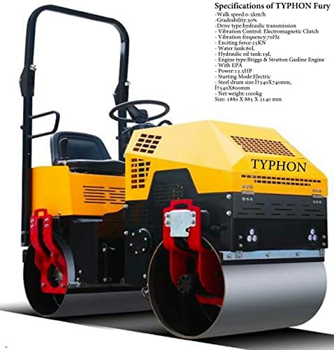 Yellow Typhon Fury road roller with specifications listed.