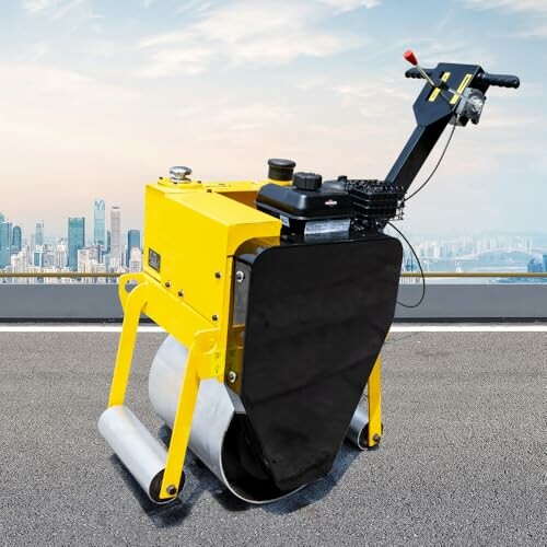 Yellow road roller on rooftop with cityscape background